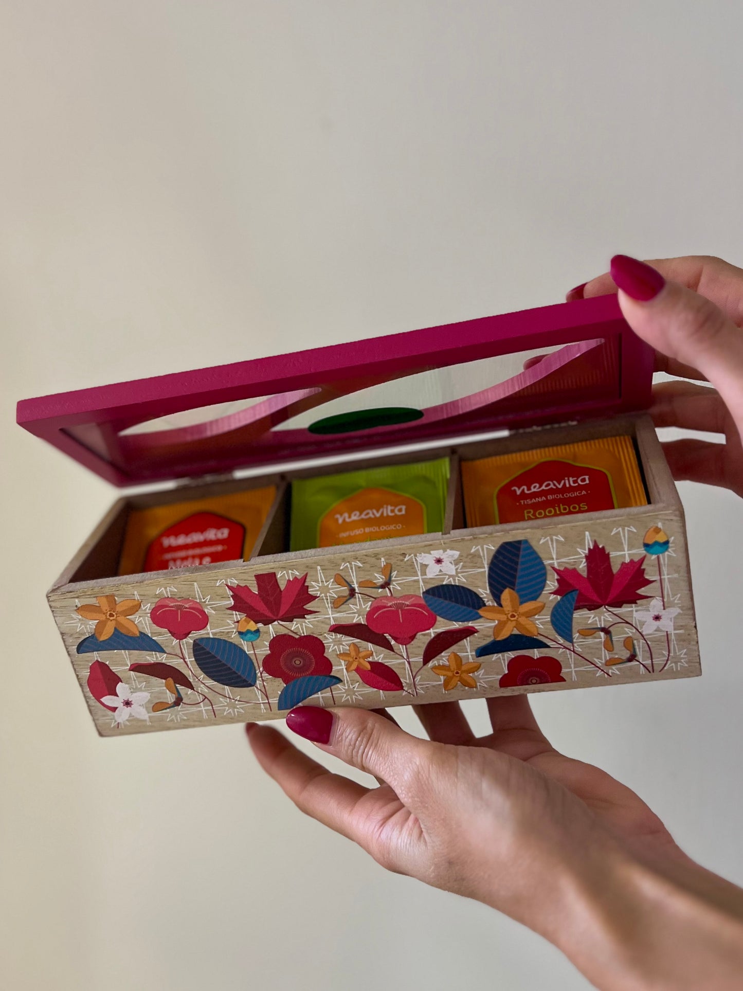 COFANETTO IN LEGNO 3 SCOMPARTI, 15 INFUSI-ROSA