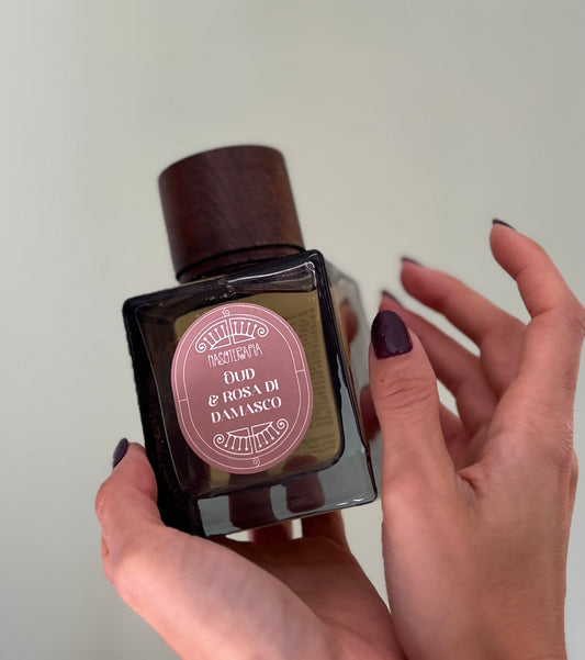 DIFFUSORE D’AMBIENTE IN VETRO-OUD & ROSA DI DAMASCO