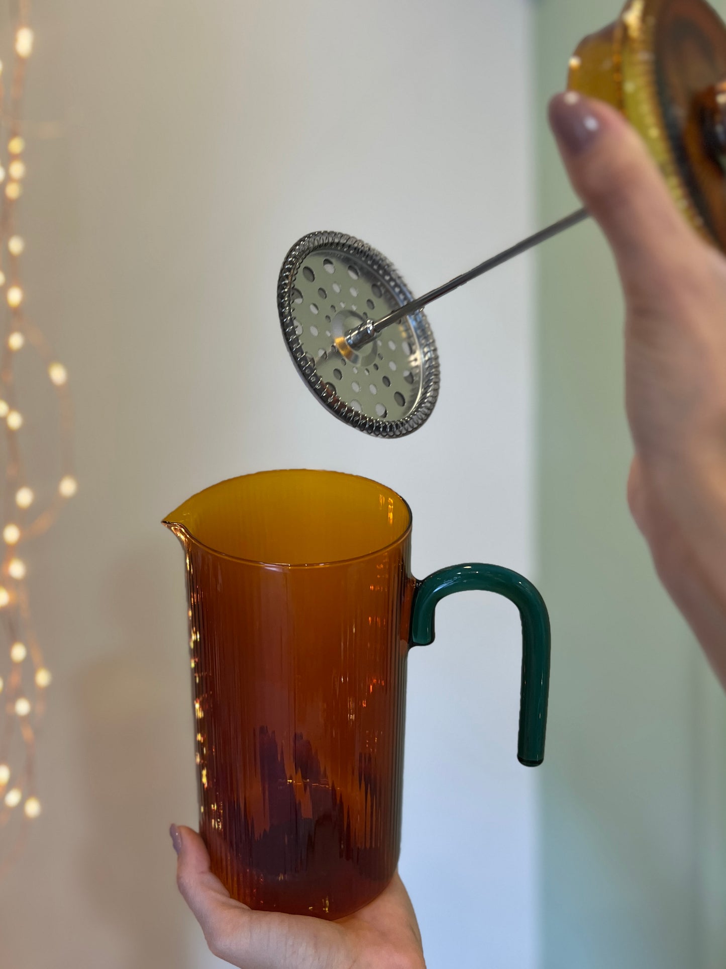 INFUSIERA/CAFFETTIERA A STANTUFFO IN VETRO ARANCIO E VERDE