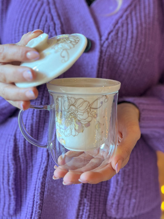 INFUSIERA IN VETRO E PORCELLANA PEONIA